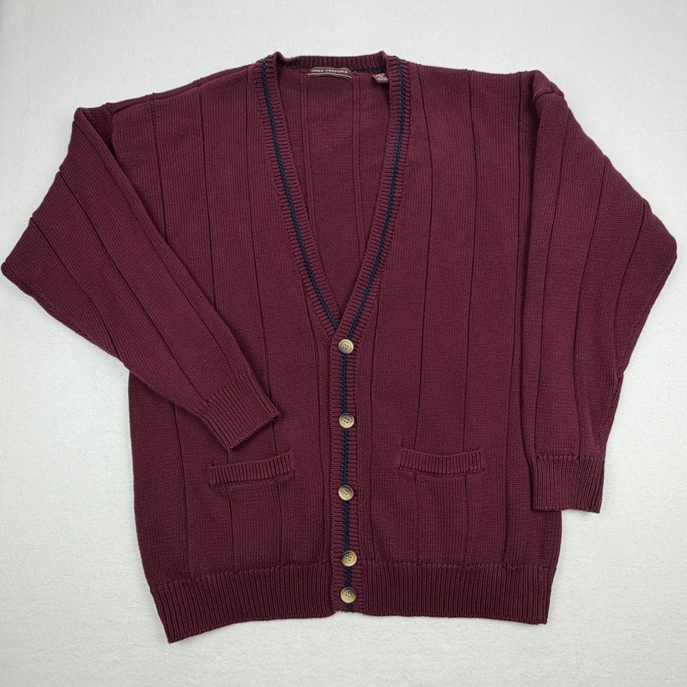Vintage John Ashford Mens Burgundy Ribbed 100% Cotton V-Neck Button Cardigan XL